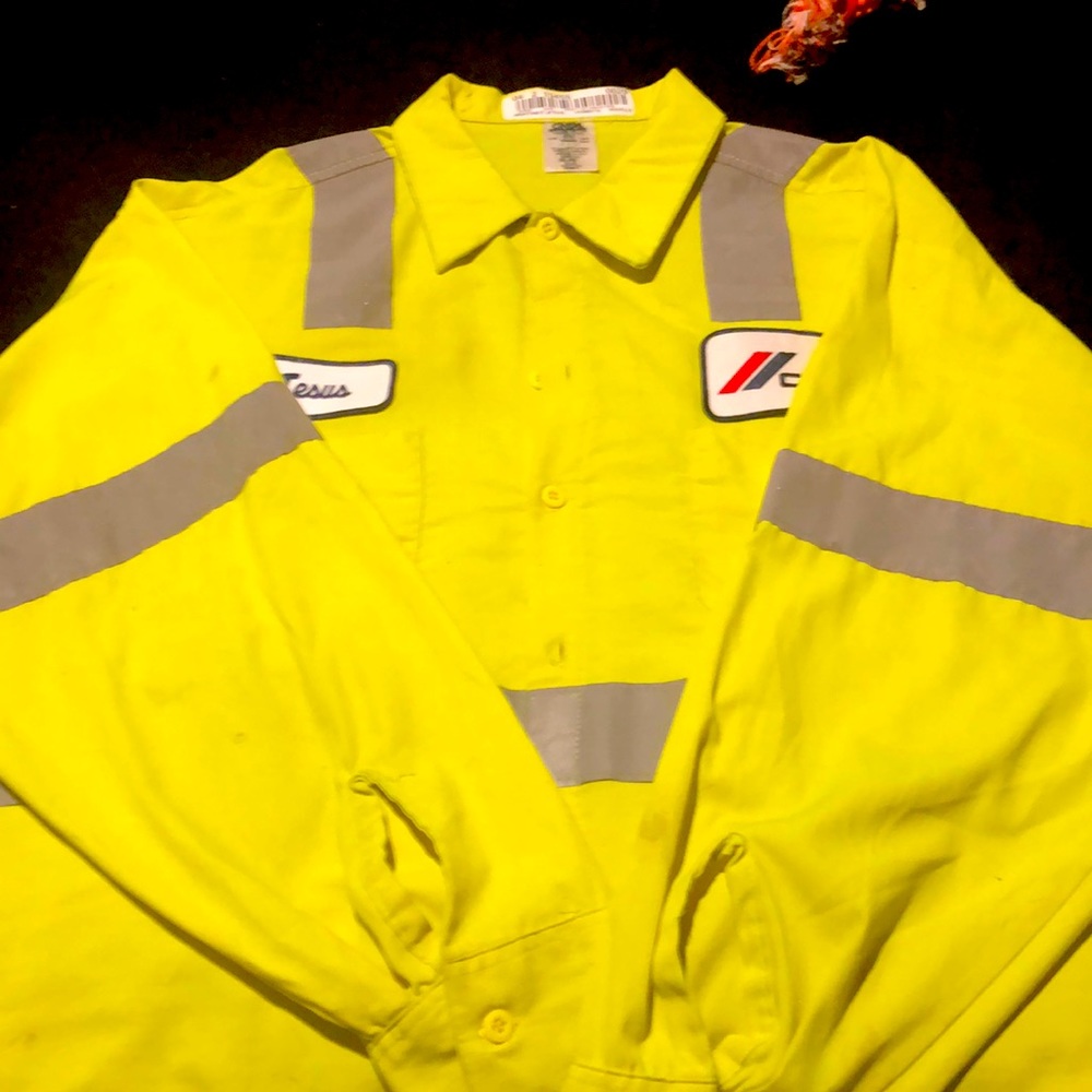 Neon yellow work shirt, long sleeve, button down. Size 2XL reflective strips